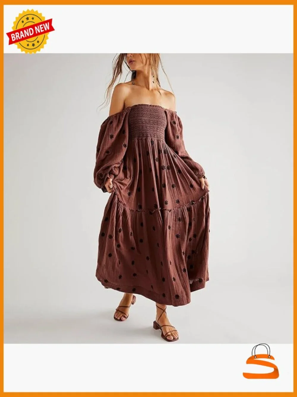 Women Flor Embroidered Maxi Dress Puff Sleeve Square Neck Boho Dress Pocket - Picture 4 of 4